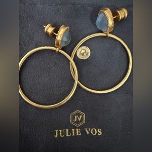 Julie Vos hoop earrings. Pretty sky blue, iridescent glass, gorgeous gold detail